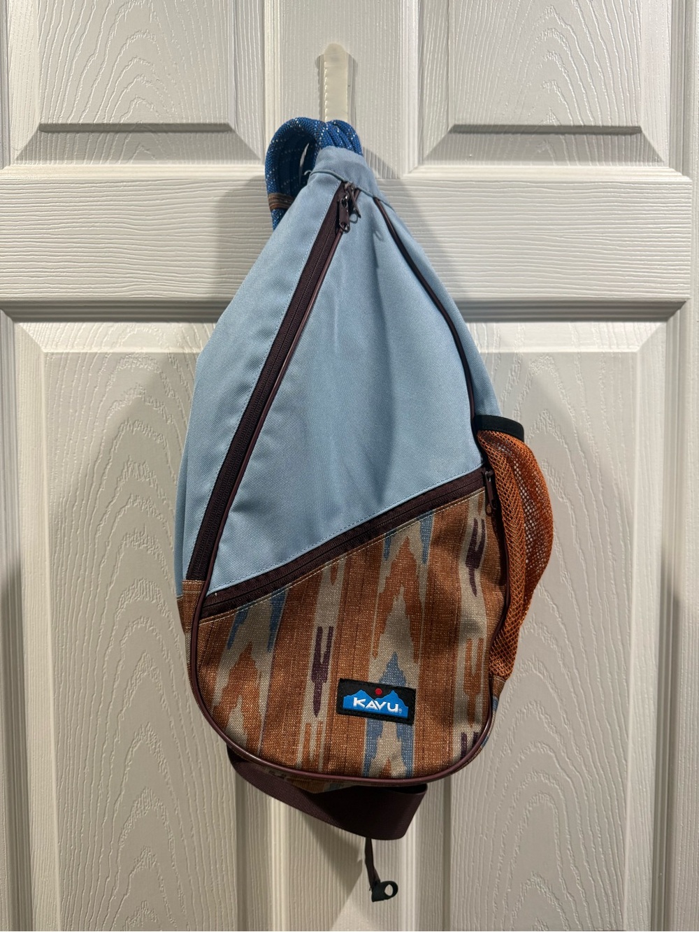 KAVU Sling Bag in Light Blue and Brown Pattern
